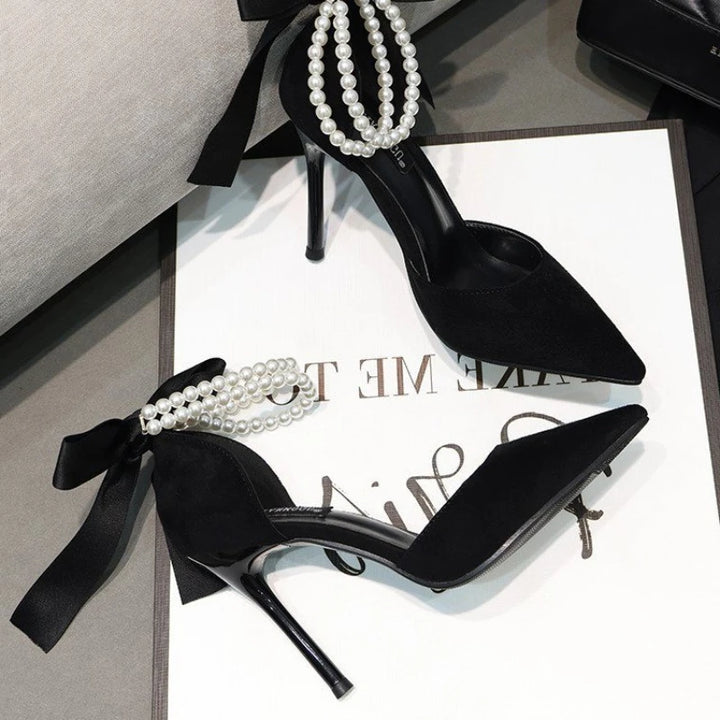 Black High Heels 2024 New Style Stiletto Pointed Toe Pearl Anklets High-end Women's Shoes Comfortable Women's Shoes