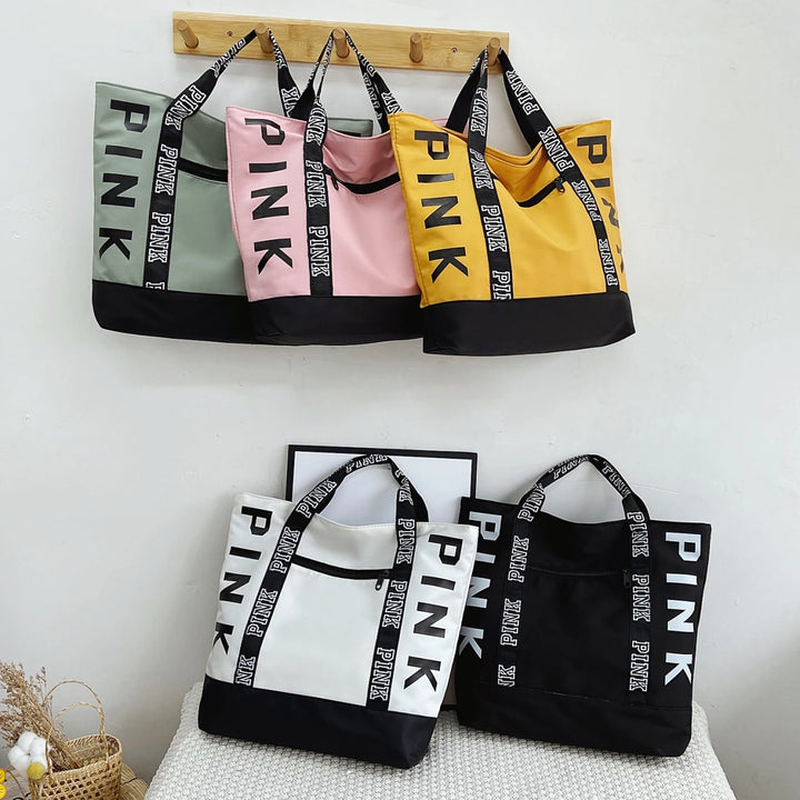 Pink Letter Graphic Tote Handbags Woman Shoulder Bags Casual Sports Fitness Tote Bag Nylon Fabric Bags Women Handbag