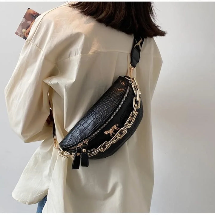 Fashion Thick Chain Women's Waist Bag Fanny Pack Shoulder Black Crossbody Chest Bags Female Belt Bag PU Casual Shoulder Bag