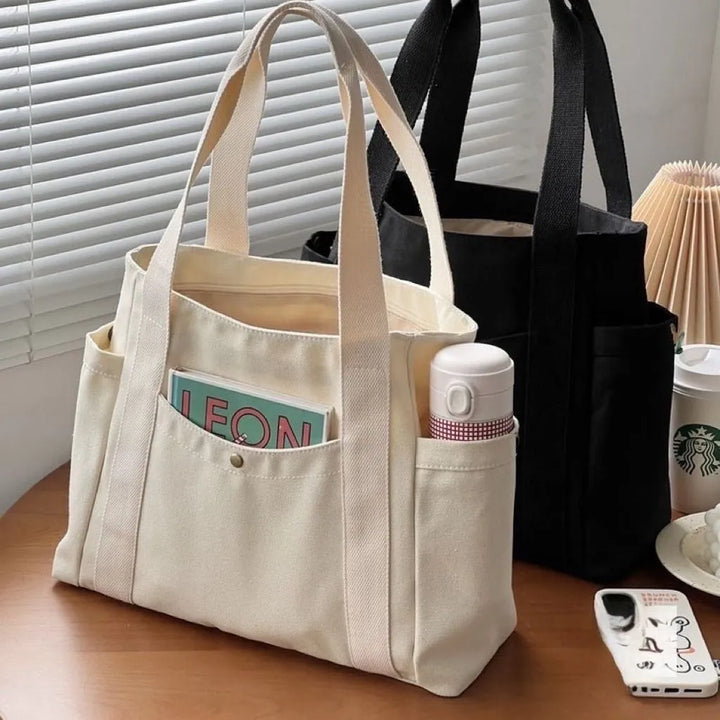 Women Multiple Pockets Handbag Canvas Shoulder Bag Gothic Tote High Quality Large Capacity Cotton Reusable Shopping Beach Bag