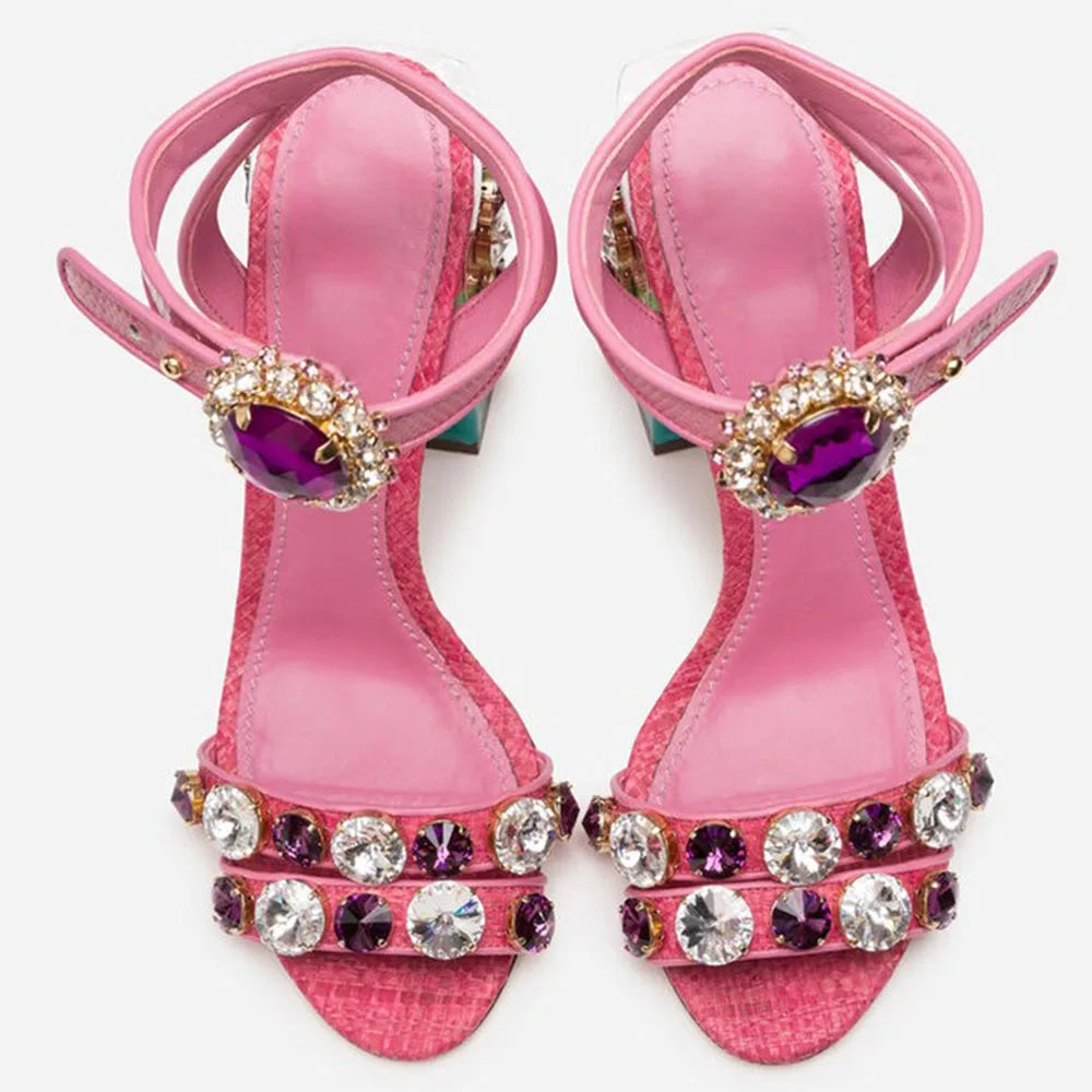 New Style Women's Open Toe Chunky Heeled Buckle Rhinestone Summer Sandals Fashion Pink Platform High Heels Party Wedding Shoes