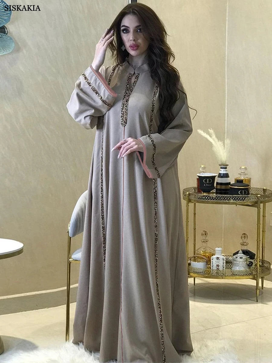 Siskakia Ramadan Abaya Femme Musulmane Moroccan Caftan For Woman Fashion Solid Diamonds Full Sleeve Loose Turkish Dubai Robe