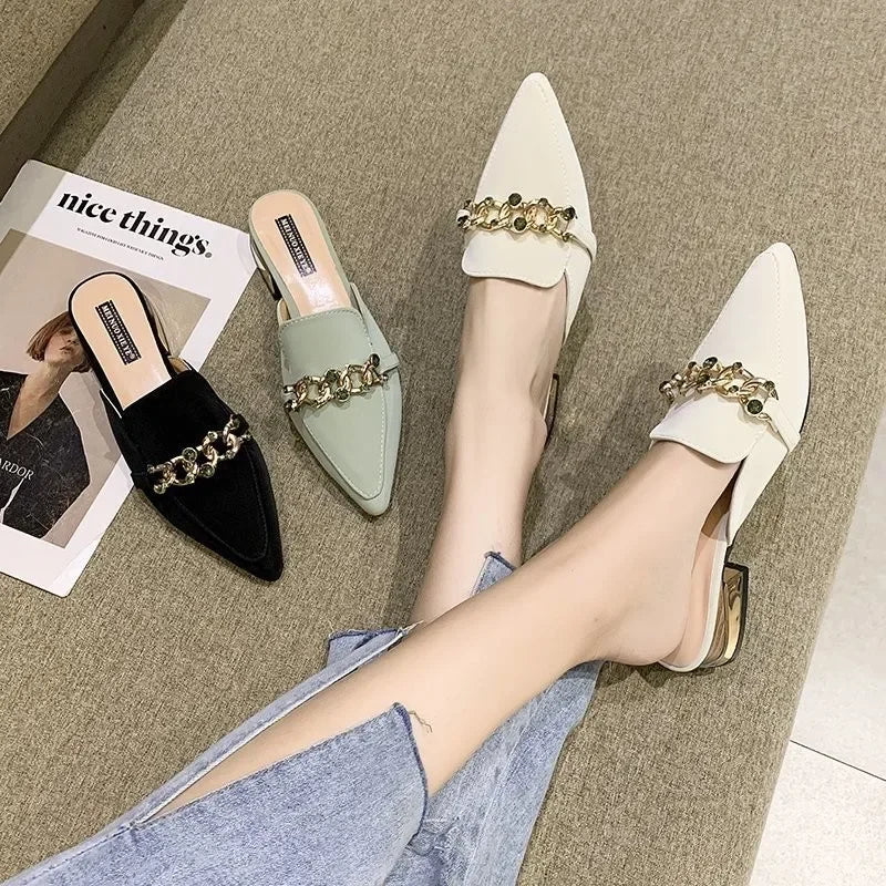 Ladies Muller Slippers Pointed ToeMetal Chain Fashion Office Ladies Shoes High Heels Low Heel Slippers Women's Shoes Summer 2024