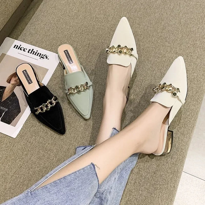 Ladies Muller Slippers Pointed ToeMetal Chain Fashion Office Ladies Shoes High Heels Low Heel Slippers Women's Shoes Summer 2024