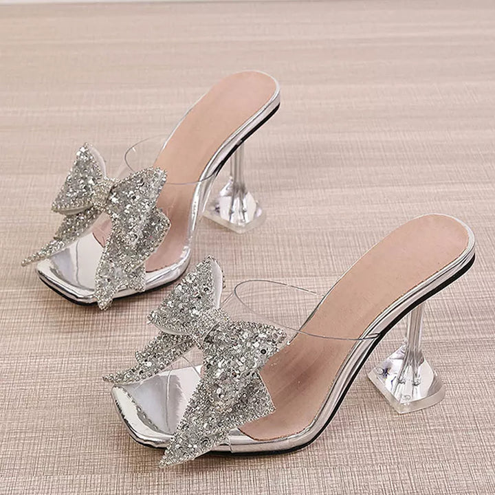 Liyke 2024 New Transparent Slippers For Women Fashion Silver Crystal Bowknot High Heels Female Mules Slides Summer Sandals Shoes