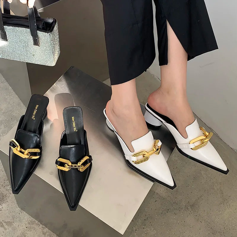 2023 Summer Women's White 5-centimeter Block High Heels Slide on Mules Luxury Women's Slide Party Shoes Shoes Toe Slippers