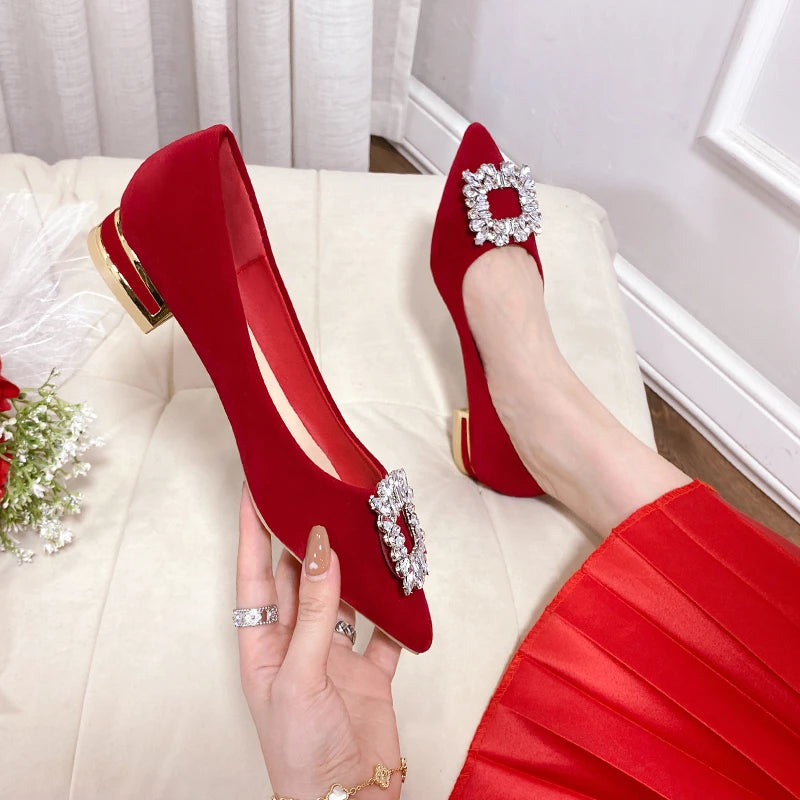 2022 Autumn New Sexy Pointed Toe Shoes Women Strange Style Shallow High Heels Square Buckle Rhinestone Red Wedding Shoes Flock