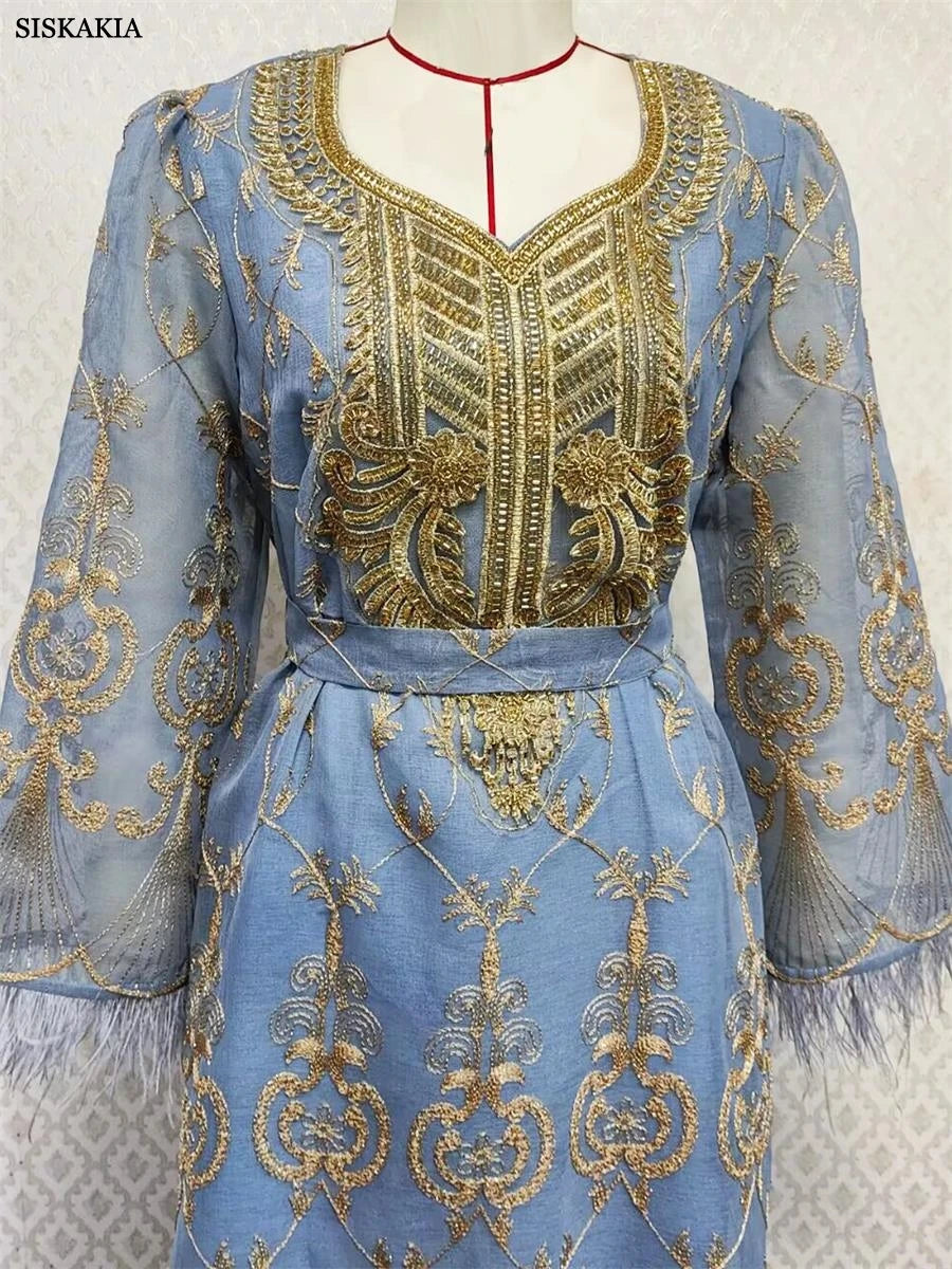 Siskakia Muslim Ramadan Ethnic Floral Embroidery Beading Feathers Patchwork Long Sleeve V-Neck Dress With Sashes Djellaba Abaya