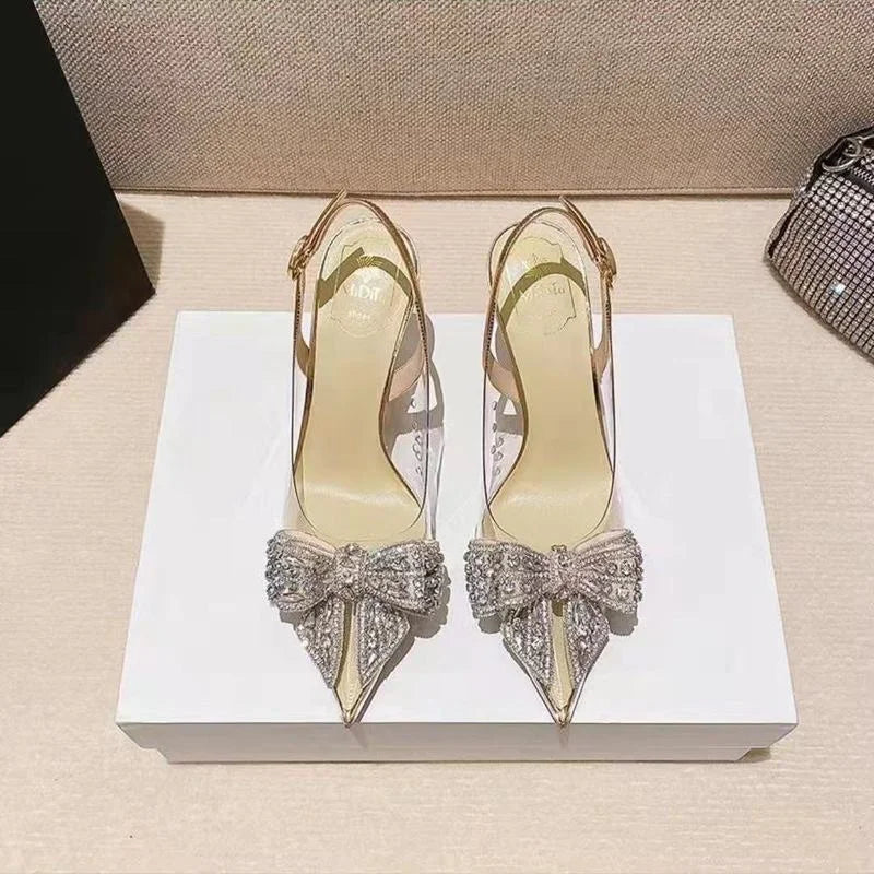 Pointed Toe High Heels Female Stiletto 2022 New Bow Rhinestone Sexy Bridesmaid Bride Wedding Fashion Women's Sandals