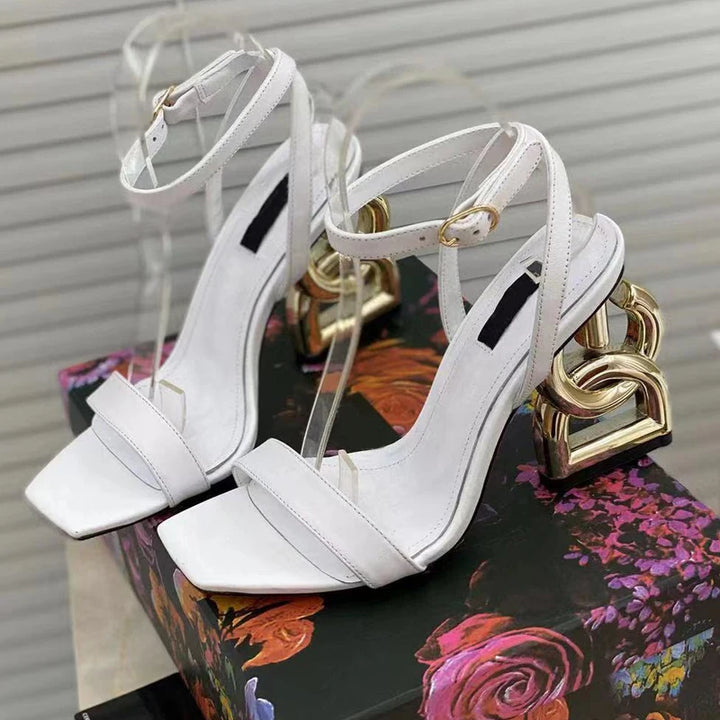 Designer Unique Woman Sandals High Quality Single Toe Strap Party Wedding Shoes Ladies Gold Shoes Fashion Buckle Ankle Strap