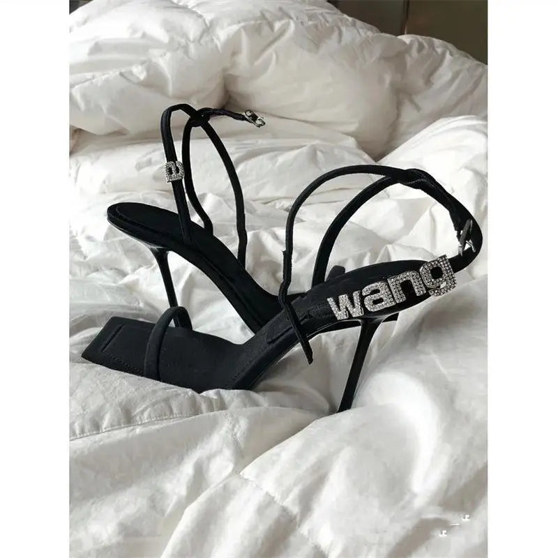 AW Open Toe Sandals For Women Summer New Style Black One-Word Strap Stiletto Square Toe Letter Rhinestone High Heels For Women