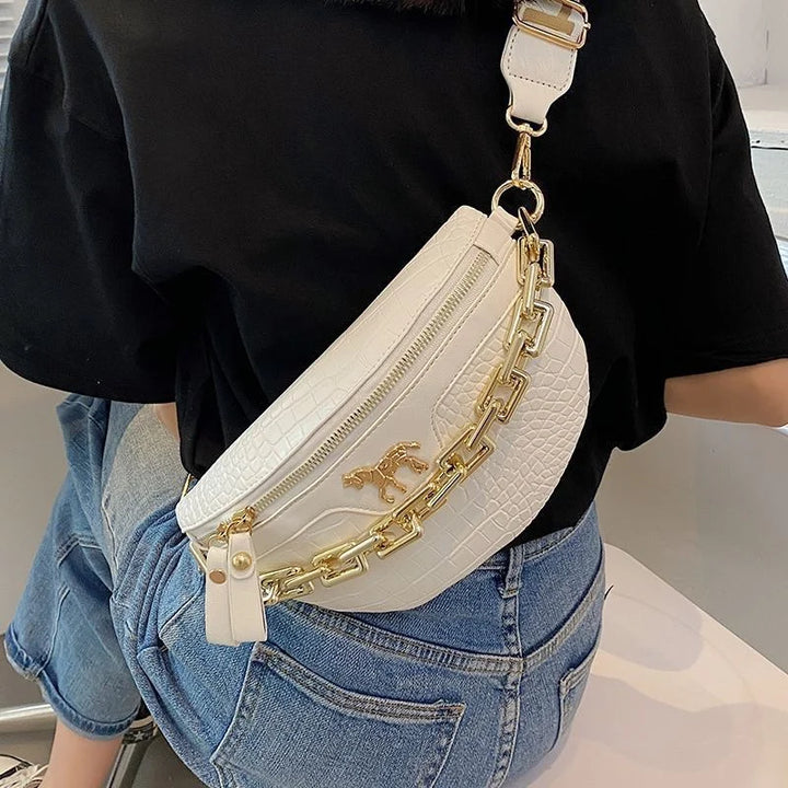 Fashion Thick Chain Women's Waist Bag Fanny Pack Shoulder Black Crossbody Chest Bags Female Belt Bag PU Casual Shoulder Bag