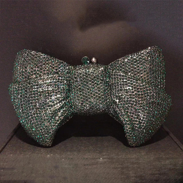 New Luxury Women Crystal Evening Clutch Blue/Green/Orange Diamond Rhinestone Bow Purses Lady Wedding Bridal Handbags Metal Bags