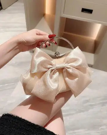 White Satin Bow Fairy Evening Bags Clutch Metal Handle Handbags for Women Wedding Party Bridal Clutches Purse Chain Shoulder Bag