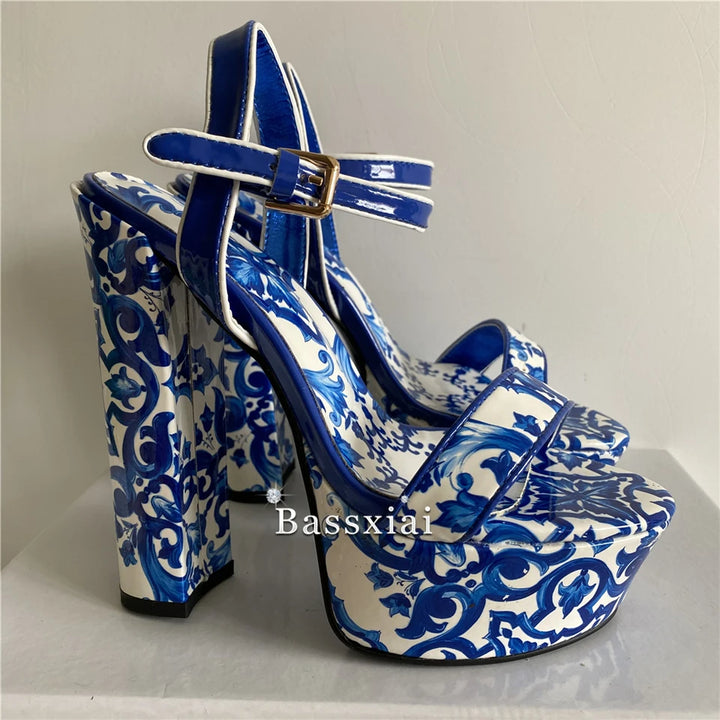 Luxury Print Flower Ankle Strap Sandals Women Patent Leather Chunky Heel High Platform Modern Summer Shoes For Girls