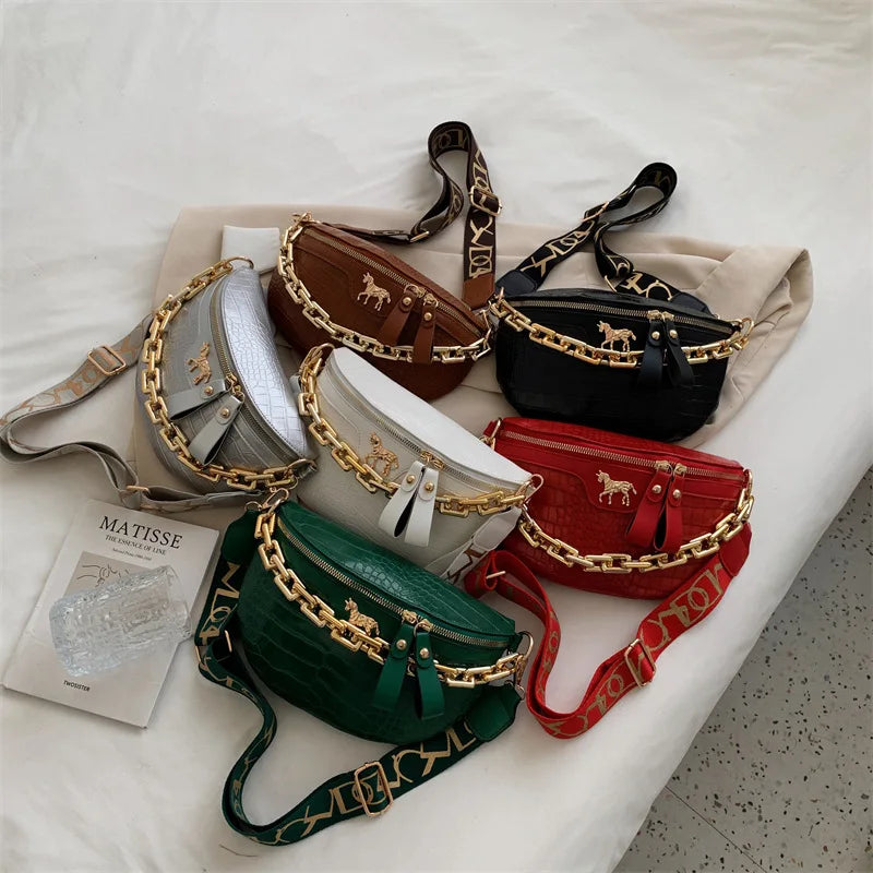 Fashion Thick Chain Women's Waist Bag Fanny Pack Shoulder Black Crossbody Chest Bags Female Belt Bag PU Casual Shoulder Bag