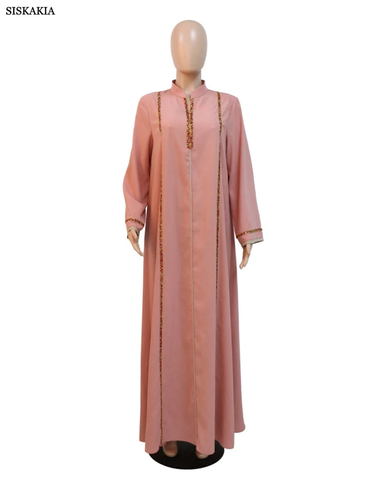 Siskakia Ramadan Abaya Femme Musulmane Moroccan Caftan For Woman Fashion Solid Diamonds Full Sleeve Loose Turkish Dubai Robe