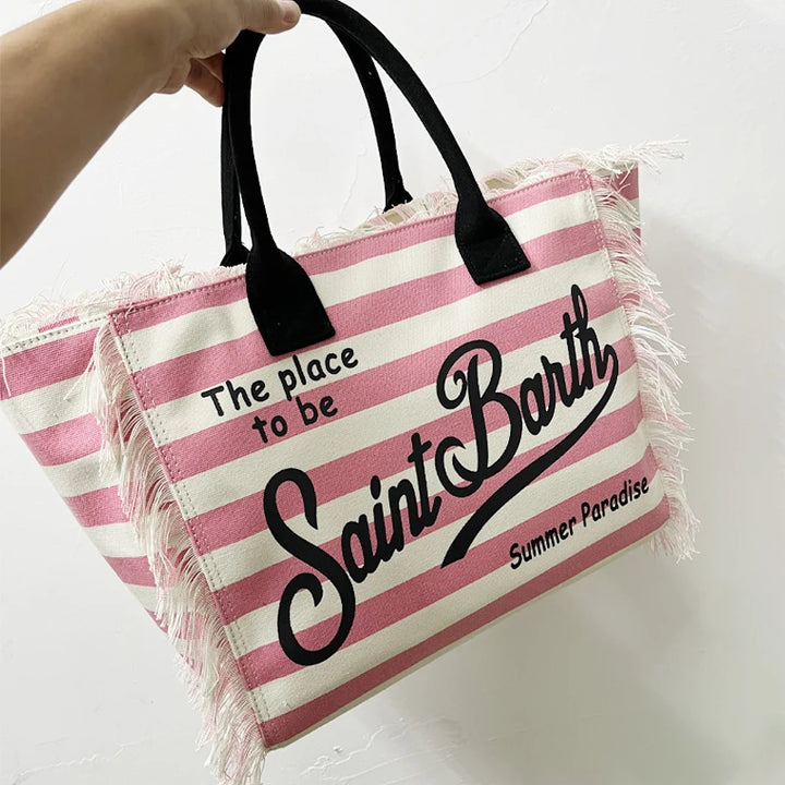 Casual Tote Bag For Women Tassel Designer Luxury Striped Canvas Large Capacity Handbag High Quality 2024 Letter Zip Travel Bag