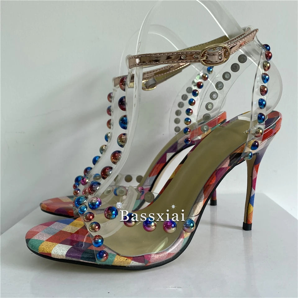 Colorful Rivet Ball Sandals Women 10cm Stiletto Heel Sexy Open Toe T-strap PVC Transparent Summer Shoes For Girls 2024