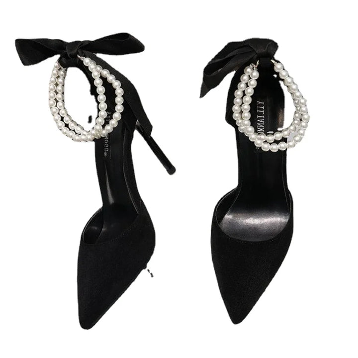 Black High Heels 2024 New Style Stiletto Pointed Toe Pearl Anklets High-end Women's Shoes Comfortable Women's Shoes