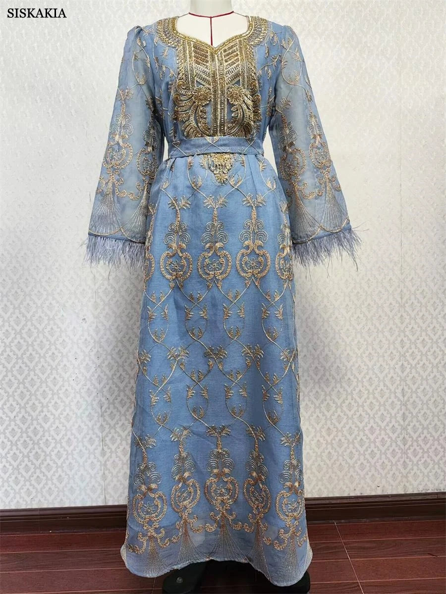 Siskakia Muslim Ramadan Ethnic Floral Embroidery Beading Feathers Patchwork Long Sleeve V-Neck Dress With Sashes Djellaba Abaya