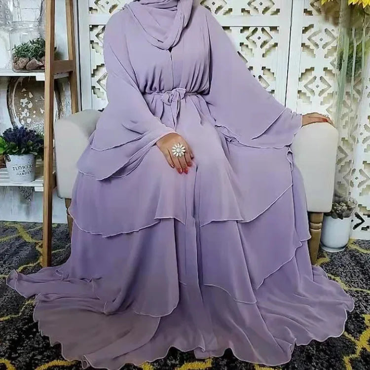 Fashion Stitching Muslim Dress Women Three-Layer Chiffon Elegant Abaya Ramadan Cardigan Hijab Marocain Dress Robe