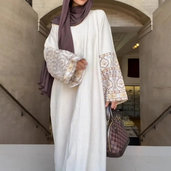 Muslim Abaya for Women 2023 Autumn New Print Bohemian Style Bubble Sleeves Loose Cotton and Hemp Long Skirt for Women Ramadan