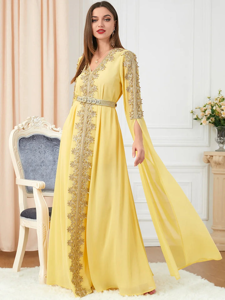 Woman's Evening Dress Elegant Long Sleeve Chiffon Party Dress Floral Embroidery Lace Panel Belted Jilbab Abaya Moroccan Caftan