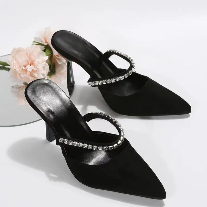 Black high-heeled shoes women's 2022 spring new women's shoes stiletto pointed toe pumps satin rhinestone glitter mules pumps