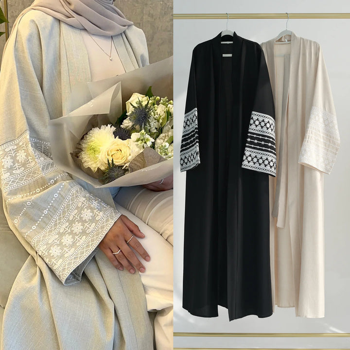 Embroidery Cotton Linen Kimono Abaya for Women Muslim Open Abayas Dubai Luxury Turkey Kaftan Hijab Dress Ramadan Islamic Clothes