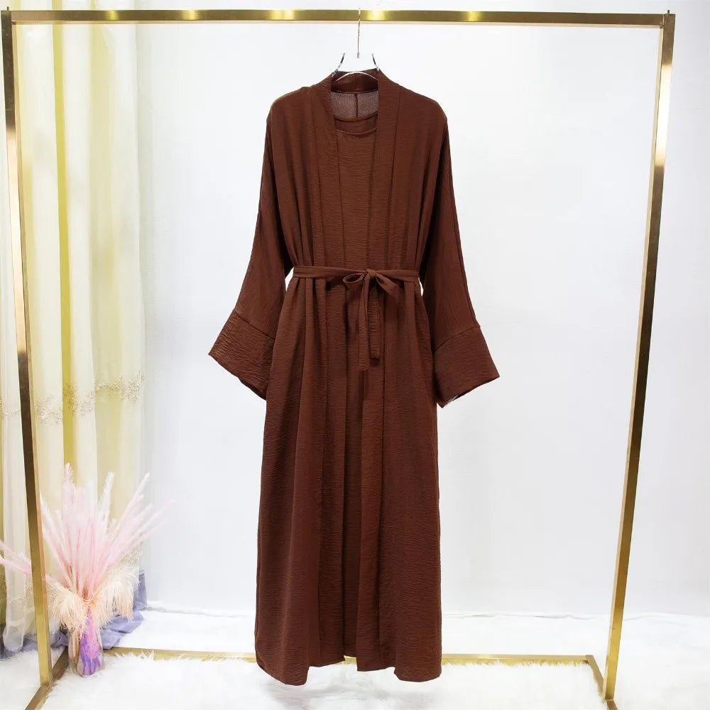 Muslim Sets Muslim Jilbab Two Pieces Women Out Abaya Loose Cardigan Coat Sleeveless Inner Dress Prayer Clothing with Belt 2pics