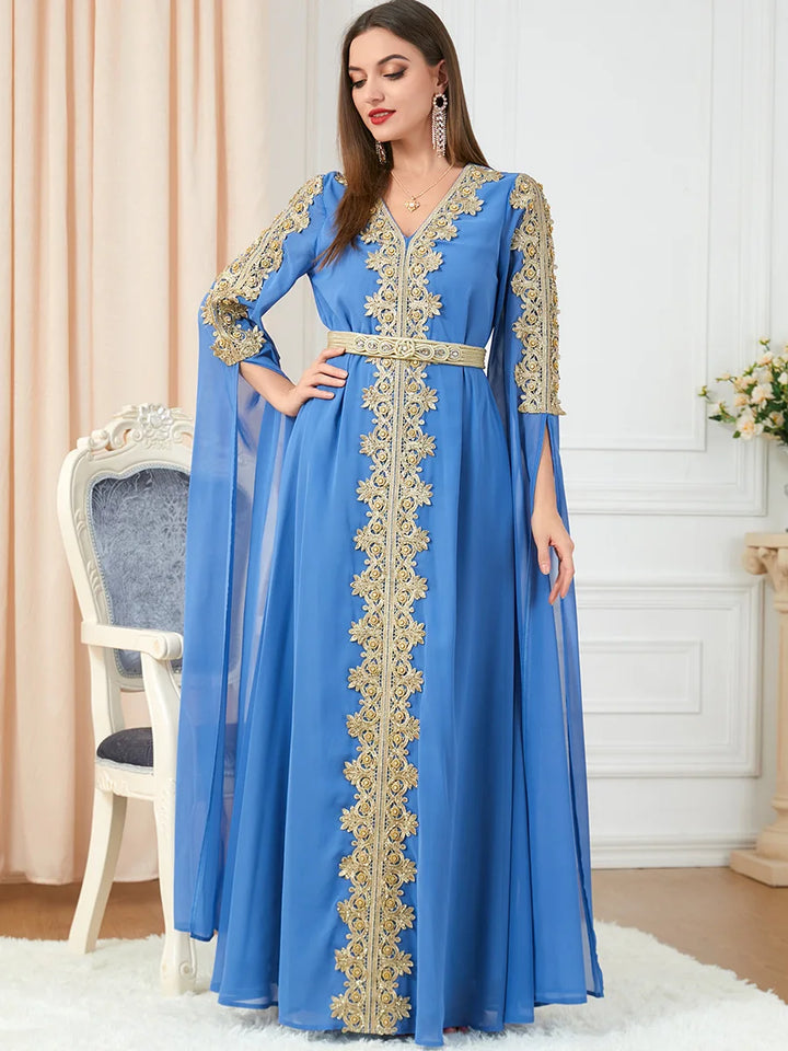 Woman's Evening Dress Elegant Long Sleeve Chiffon Party Dress Floral Embroidery Lace Panel Belted Jilbab Abaya Moroccan Caftan