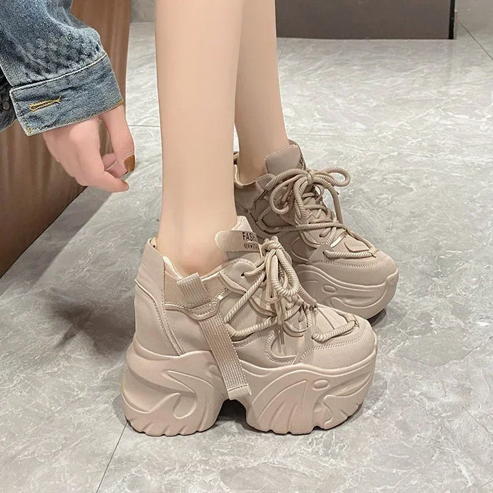 Women Walking Sneakers Autumn Lace-up High Platform Chunky Shoes Breathable Leather Shoes 10CM Winter Wedge Heels Casual Shoes