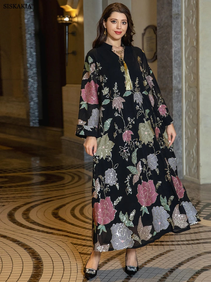 Siskakia Muslim Fashion Floral Embroidery Sequins Casual Abaya Long Sleeve Notched V-Neck Tassel Dress Moroccan Dubai Women Robe