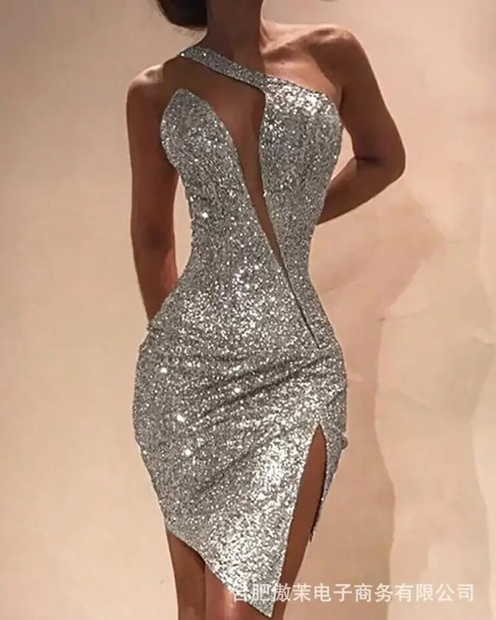 One Shoulder Slit V-neck Hollowed Out Sleeveless Dress Chic Fashion Sexy Summer Rhinestone Decoration  Summer Dress