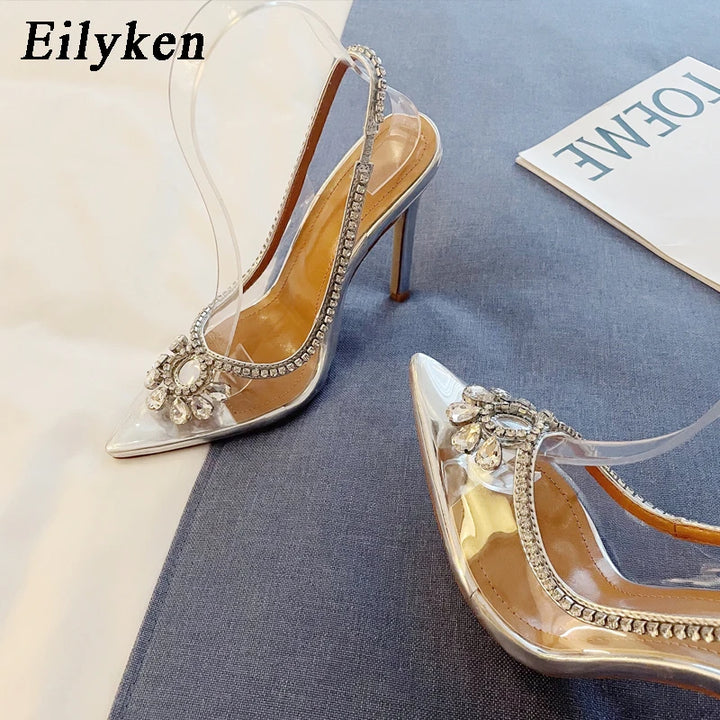 Eilyken PVC Transparent Rhinestone Hollow Out Women Pumps Sexy Pointed Toe Wedding Bridal Stilettos High Heels Sandals Shoes