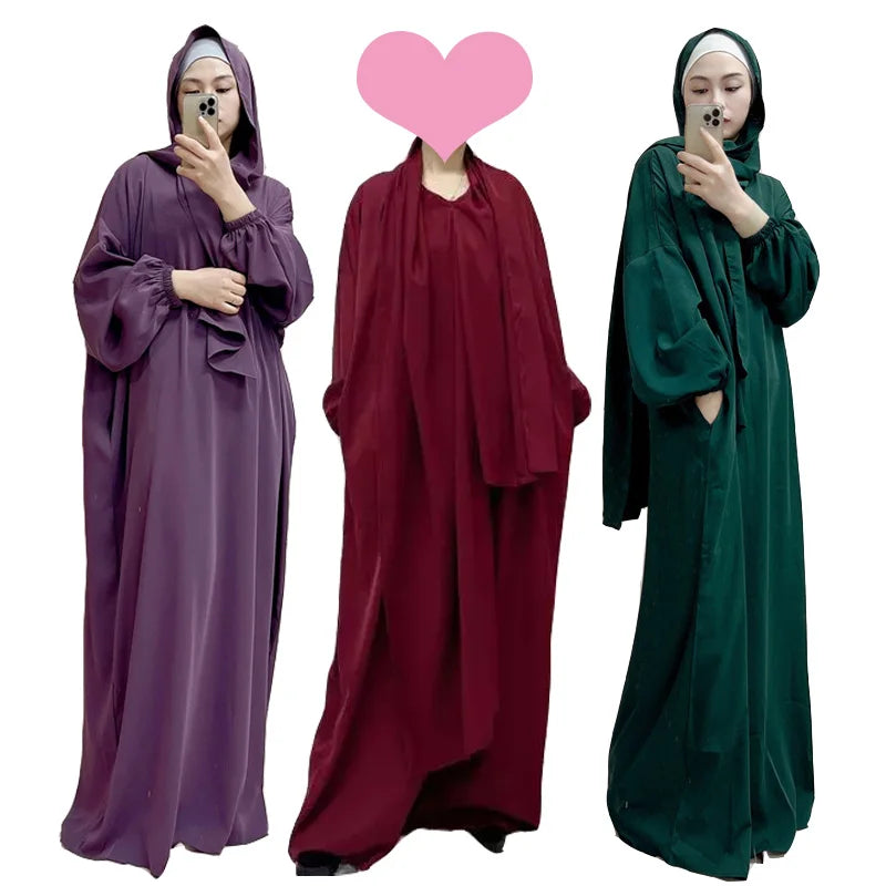 Hooded Abaya Nida EID With Attached Hijab Ramadan Modest Muslim Women Easy To Wear Islamic Clothing Prayer Dress