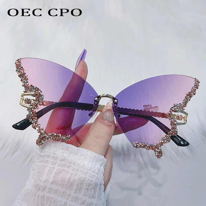 Diamonds Shiny Butterfly Sunglasses Women Rimless Y2k Luxury Sun Glasses Men Trends Punk Rhinestone Shades Female Eyewear UV400