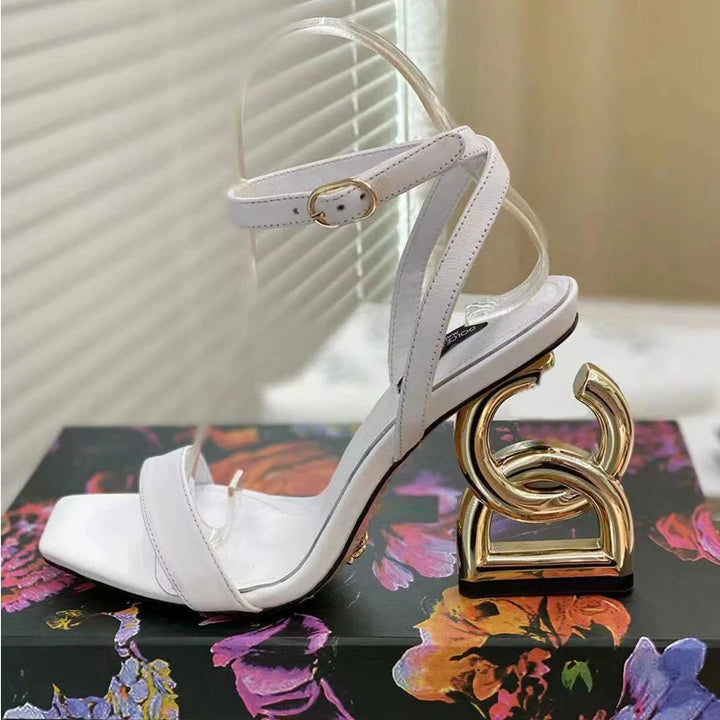 Designer Unique Woman Sandals High Quality Single Toe Strap Party Wedding Shoes Ladies Gold Shoes Fashion Buckle Ankle Strap