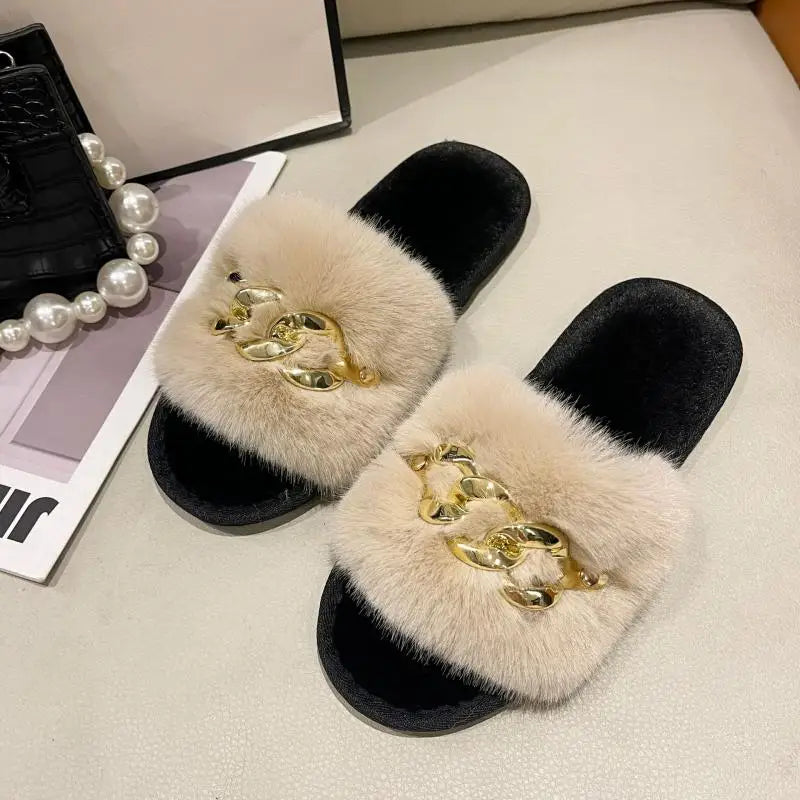 Fluffy Slippers Home Winter Casual Chain Designer Shoes Women Indoor Platform Plush Slides Girls 2024 Fashion Elegant Large Size