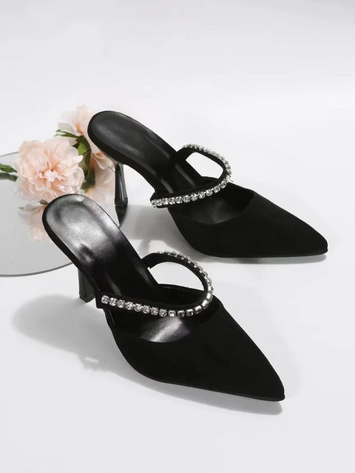 Black high-heeled shoes women's 2022 spring new women's shoes stiletto pointed toe pumps satin rhinestone glitter mules pumps