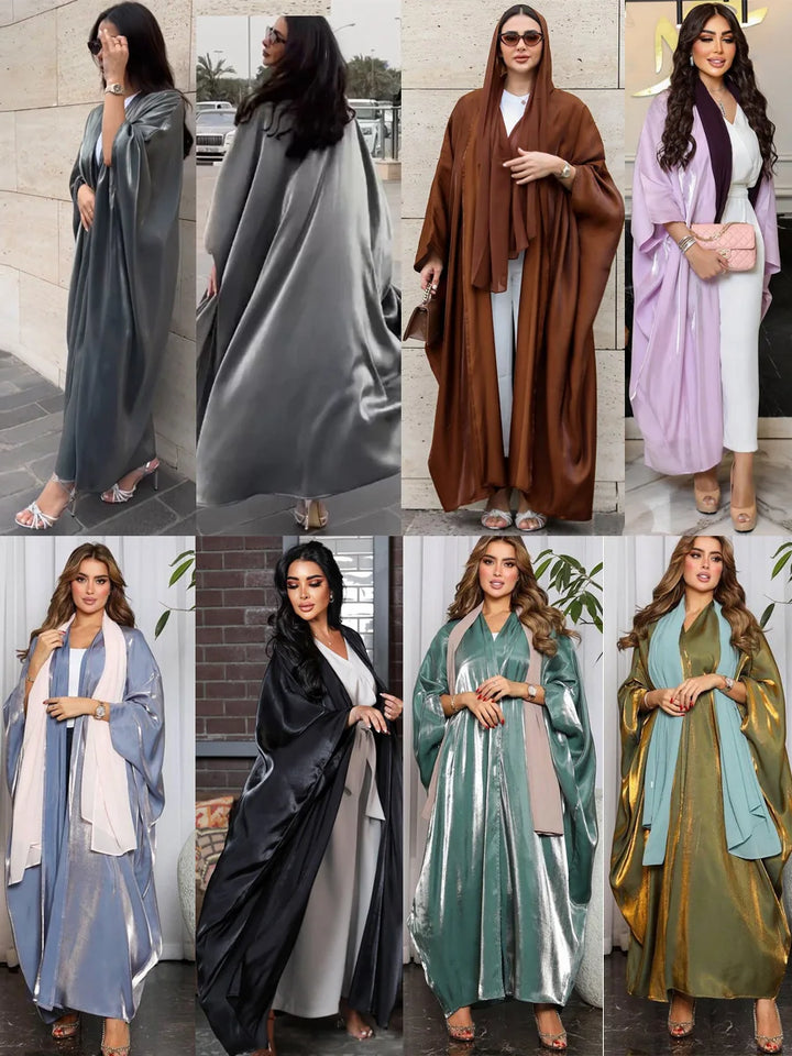 Fashion Casual Muslim Open Abaya for Women Corban Eid al Adha 2023 New Bright Silk Satin Cardigan Robe Oversized Batwing Sleeve