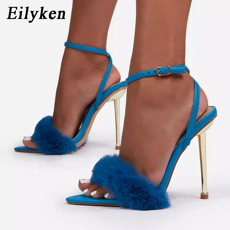 Eilyken White Sexy Open Toe Furry Fur Sandals Women Summer High-Heeled Ladies Wedding Ankle Strap Stripper Shoes