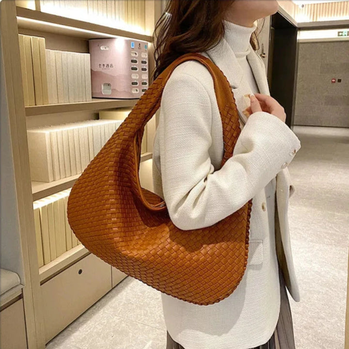 Genuine Leather Handmade Woven Handbag Casual Large Capacity Tote Bag Y2K Female Crescent Bag Luxurious Solid Color Shoulder Bag