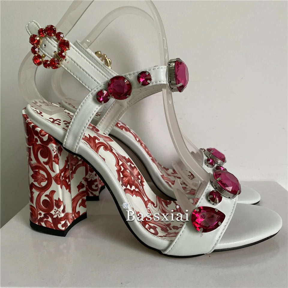 Luxury Diamond Crystal Ankle Strap Sandals Women Individual Print Flower Chunky Heel Genuine Leather Summer Shoes