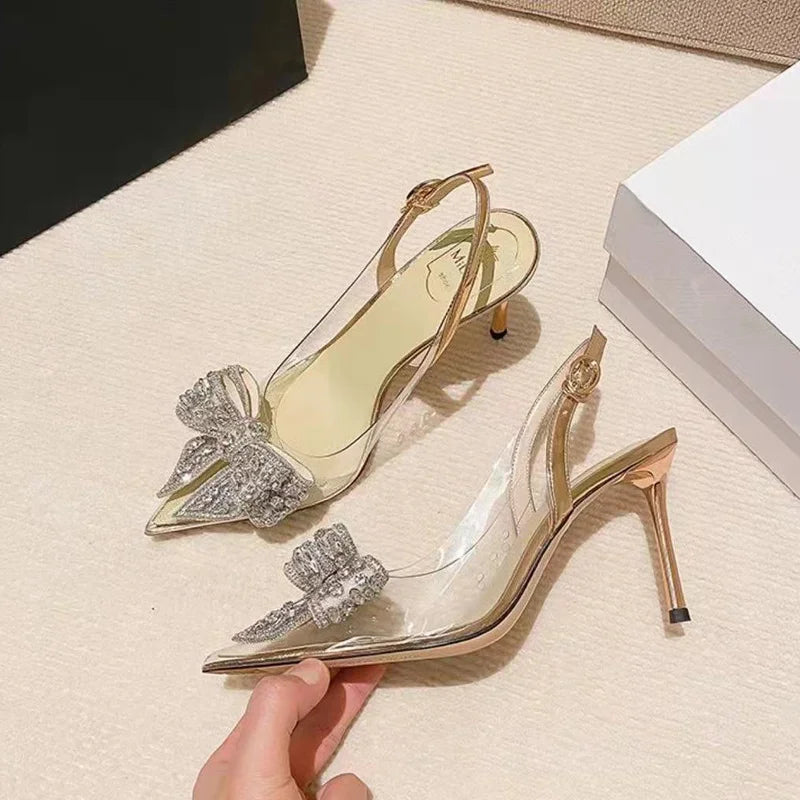 Pointed Toe High Heels Female Stiletto 2022 New Bow Rhinestone Sexy Bridesmaid Bride Wedding Fashion Women's Sandals