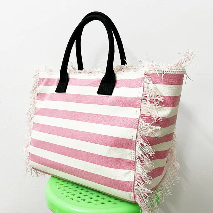 Casual Tote Bag For Women Tassel Designer Luxury Striped Canvas Large Capacity Handbag High Quality 2024 Letter Zip Travel Bag