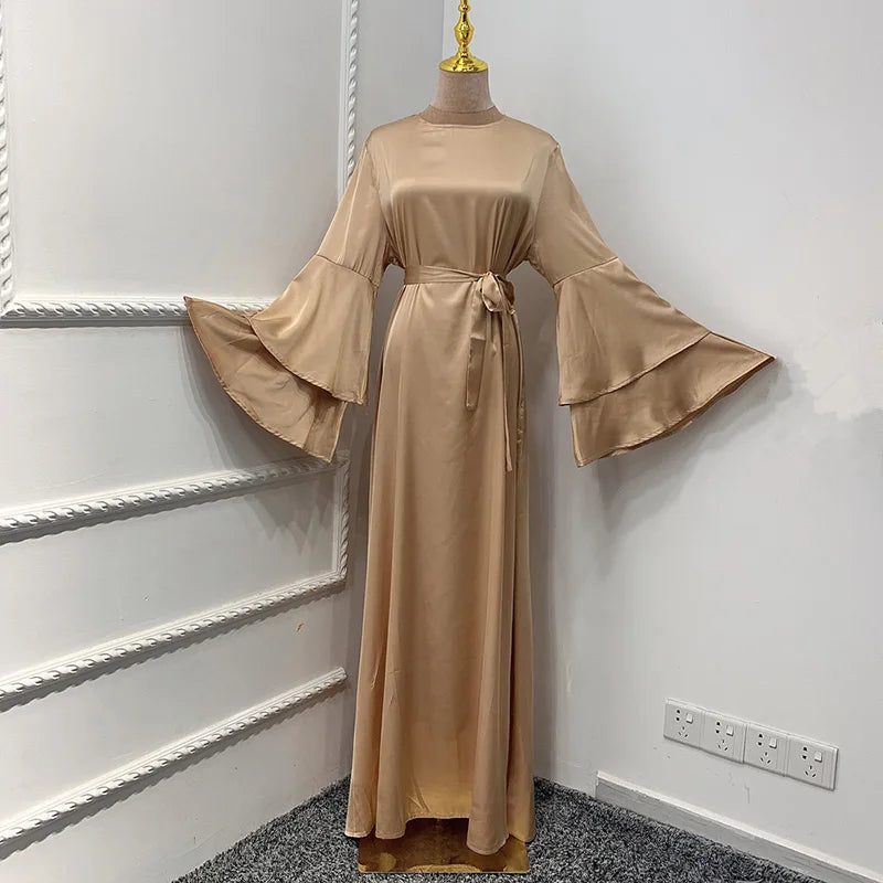 Maxi Satin Dress Muslim Modest Fashion Abaya High Quality Islamic Clothing Solid Color Flare Long Sleeve Women Dropshipping