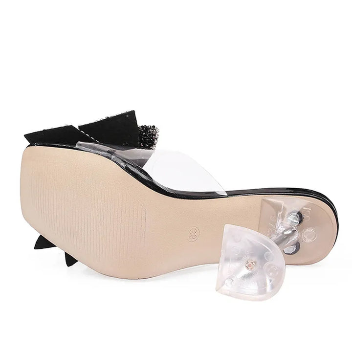 Liyke 2024 New Transparent Slippers For Women Fashion Silver Crystal Bowknot High Heels Female Mules Slides Summer Sandals Shoes