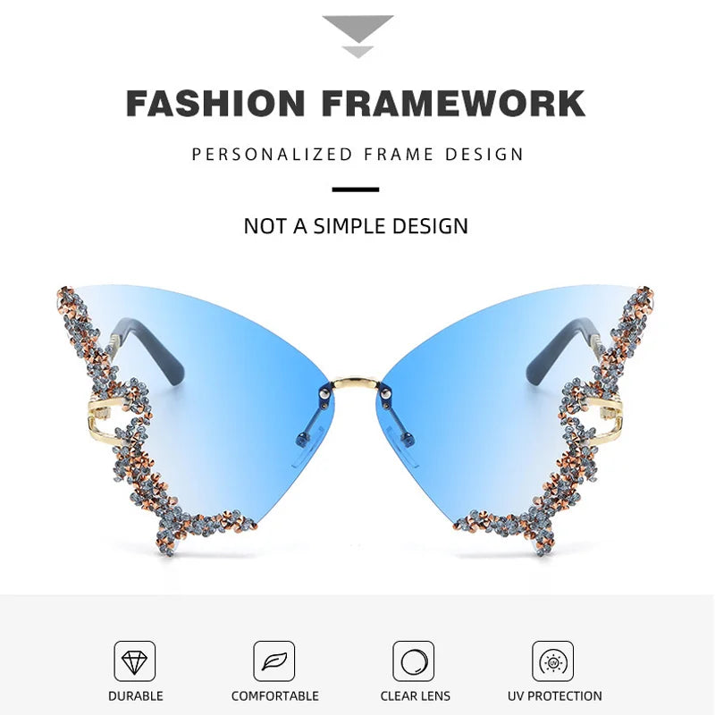 Luxury New Butterfly Shape Diamond Rimmed Rimless Sunglasses Ultraviolet Protection Female Fashion Gradient Color Sun Glasses